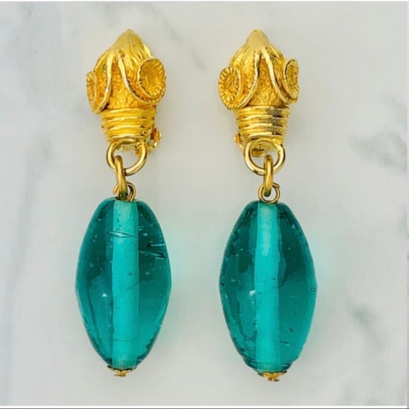 RARE VTG 80s Liza O Etruscan Ram Head Teal Colored Hand Blown Art Glass Earrings - Picture 2 of 9